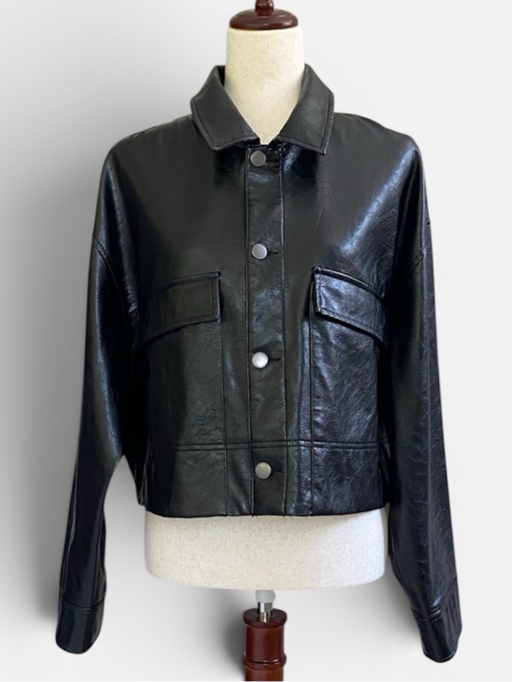 Zara Cropped Faux Leather Oversized Button Front Shaket